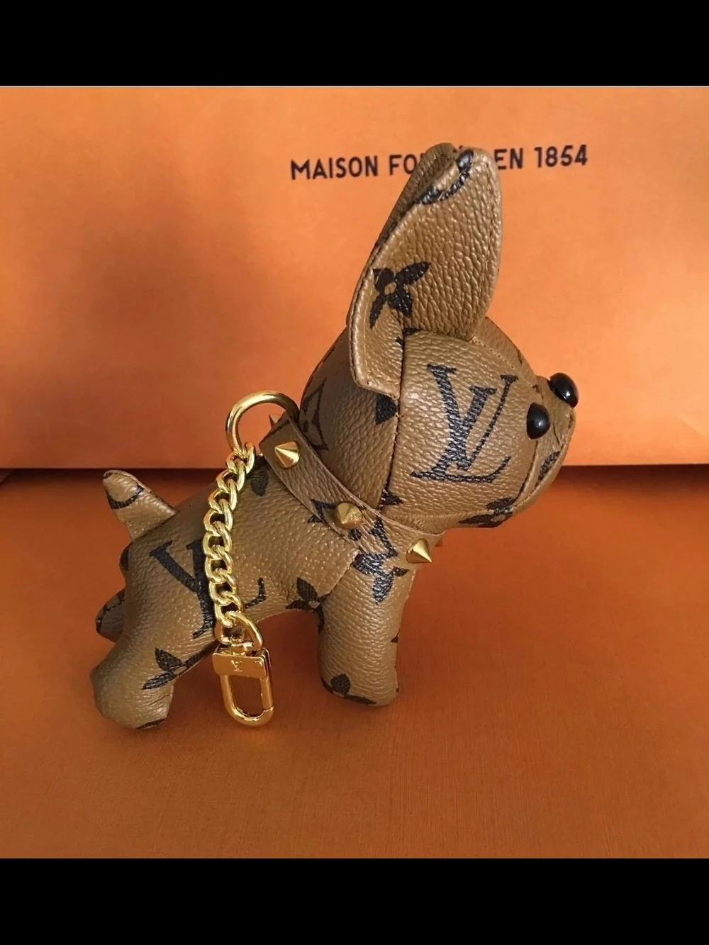 Luxury Brown Dog Figurine Keychain with Stud Accents